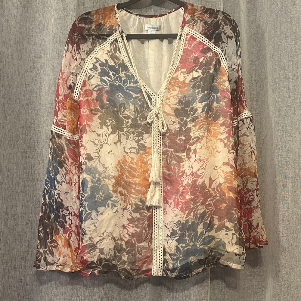 Sundance V Neck Tassel Tie Lightweight Sheer BOHO Bell Sleeves Blouse Sz S